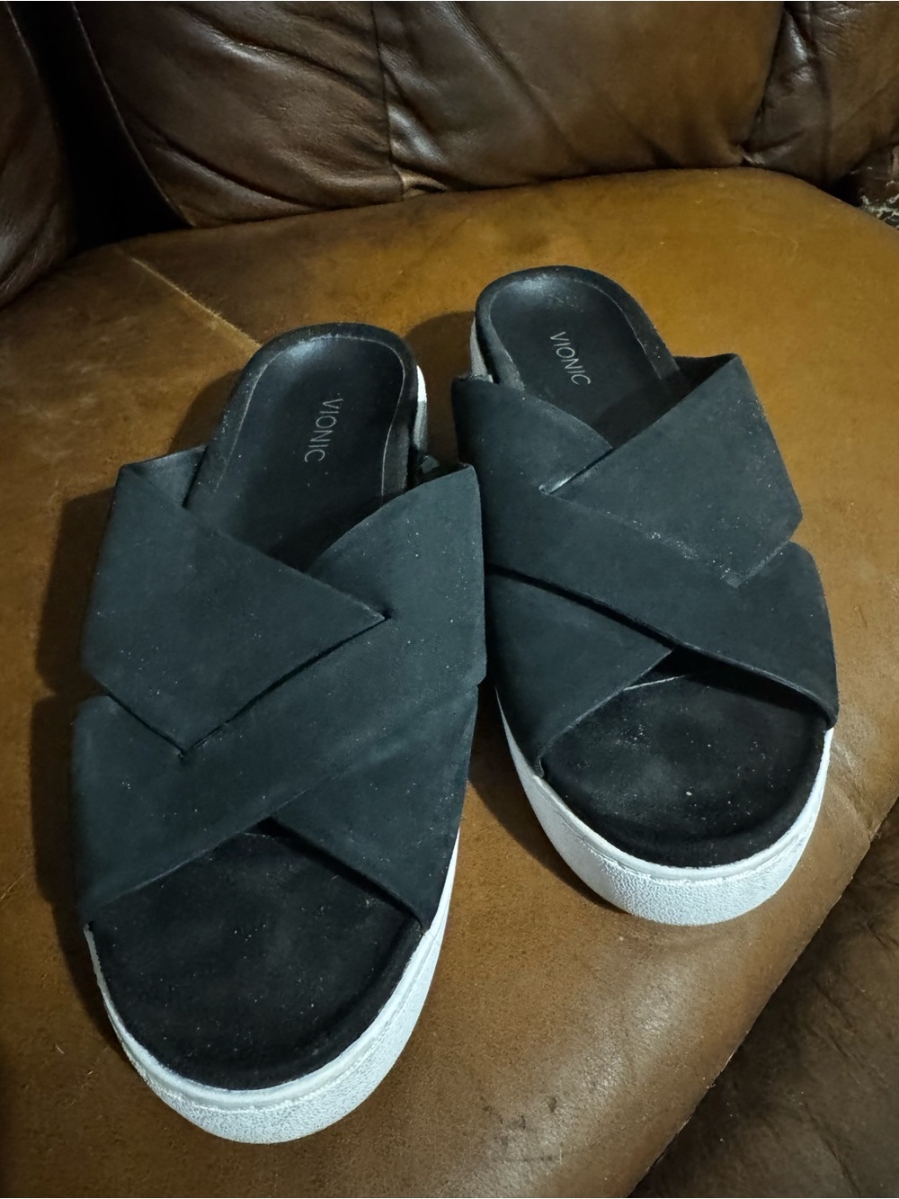 Vionic Black Crisscross Slide Mules with White Platform